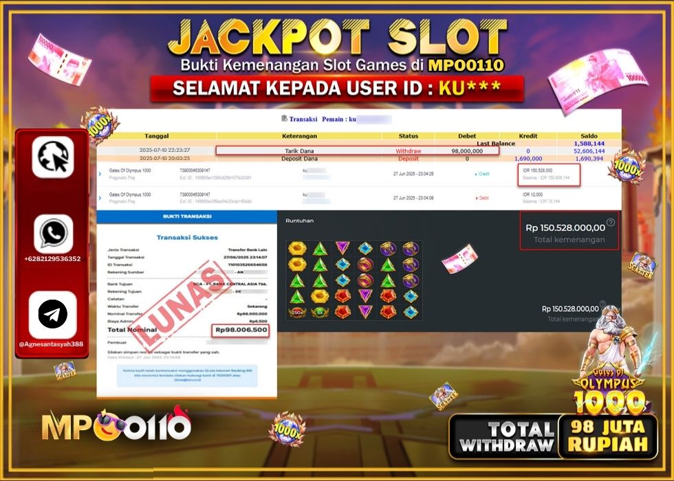 MPO0110 JACKPOT SLOT GATES OF OLYMPUSS 1000 Rp.98.000.000.,- LUNAS