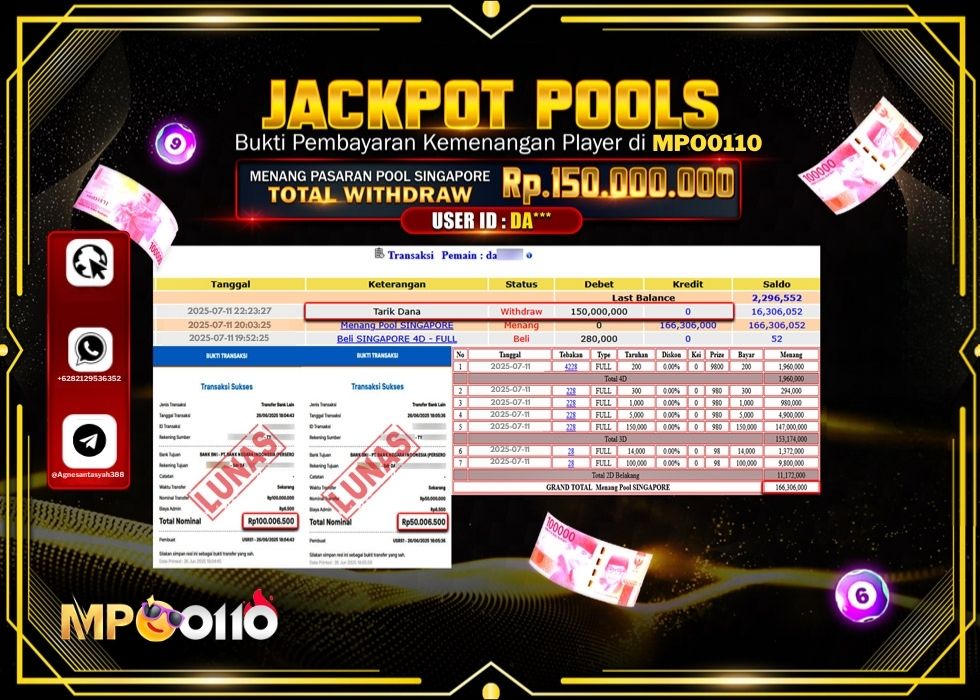 MPO0110 JACKPOT TOGEL POOL SINGAPORE Rp.150.000.000.,- LUNAS