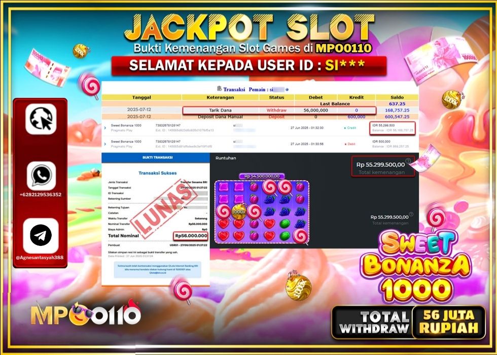 MPO0110 JACKPOT SLOT SWEET BONANZA 1000 Rp.56.000.000.,- LUNAS