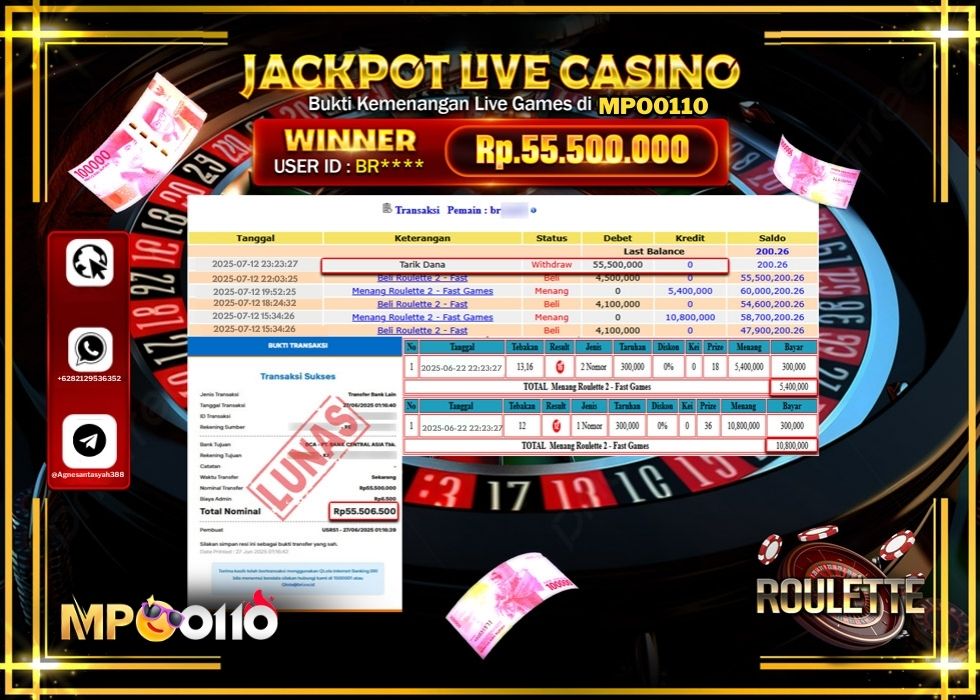 MPO0110 JACKPOT LIVE GAMES ROULETTE 2 GAMES Rp.55.500.000.,- LUNAS