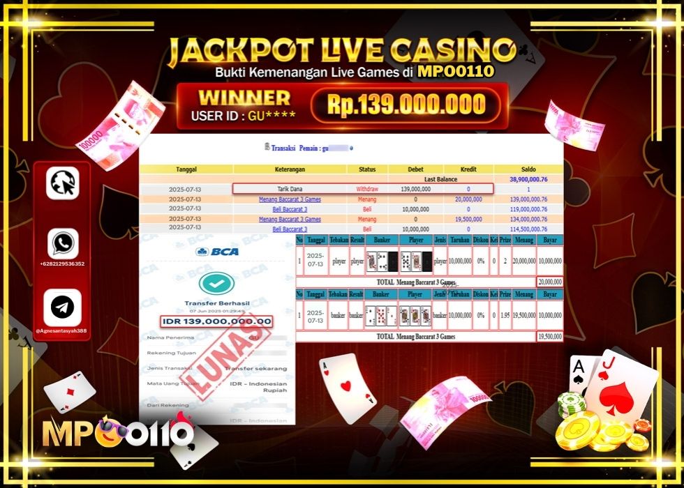 MPO0110 JACKPOT LIVE GAMES BACCARAT 3 GAMES Rp.139.000.000.,- LUNAS