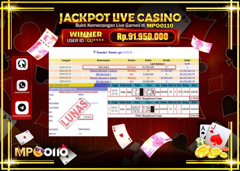 MPO0110 JACKPOT LIVE GAMES BACCARAT 3 GAMES Rp.91.950.000.,- LUNAS
