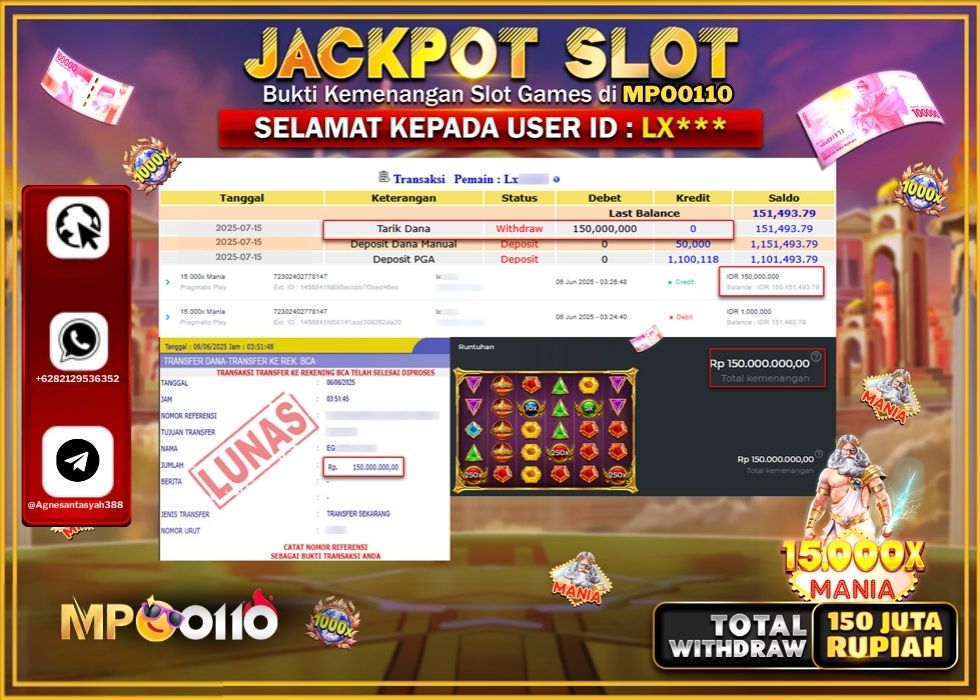 MPO0110 JACKPOT SLOT 15000x MANIA Rp.150.000.000.,- LUNAS