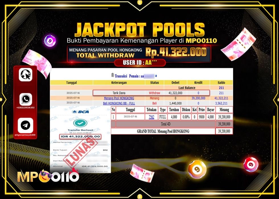 MPO0110 JACKPOT TOGEL PASARAN POOL HONGKONG Rp.41.322.000.,- LUNAS