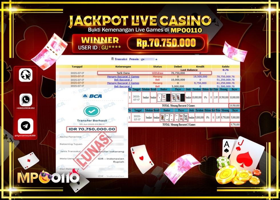 MPO0110 JACKPOT LIVE GAMES BACCARAT 2 GAMES Rp.70.750.000.,- LUNAS