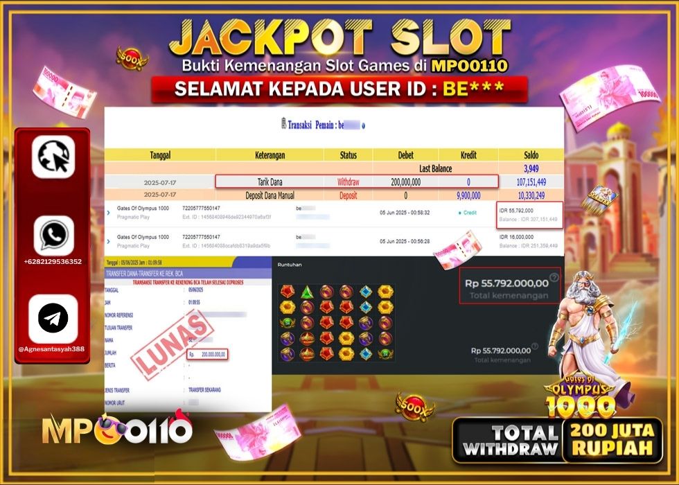 MPO0110 JACKPOT SLOT GATES OF OLYMPUS 1000 Rp.200.000.000.,- LUNAS