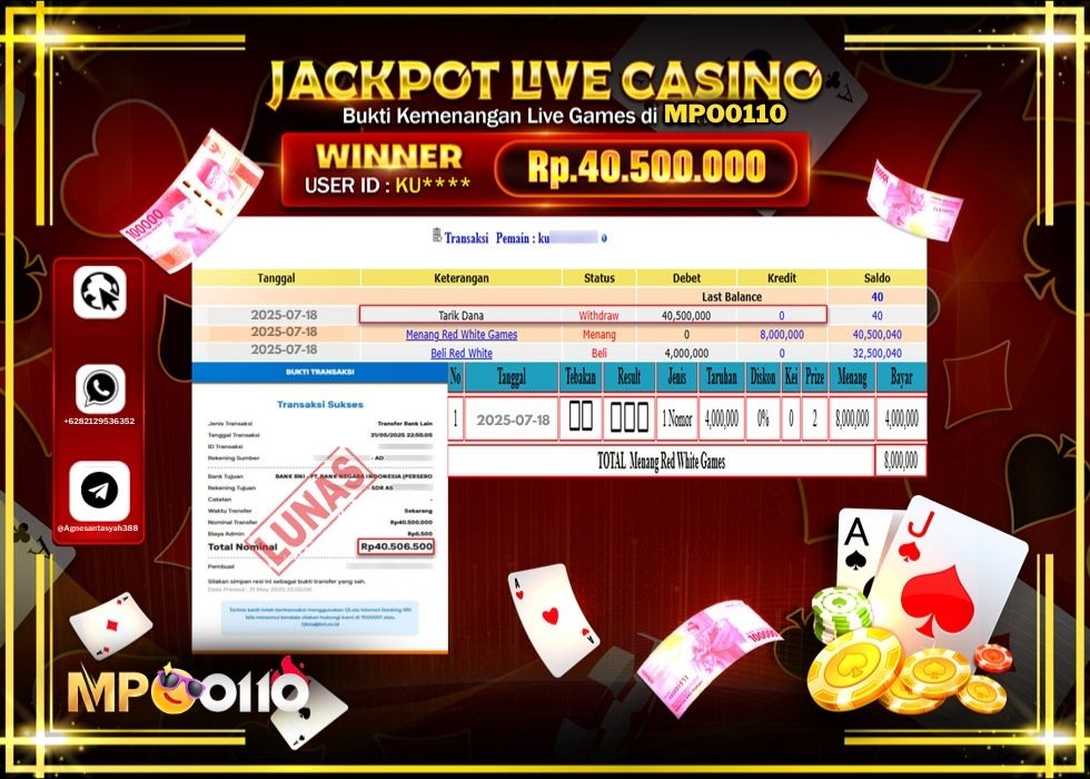 MPO0110 JACKPOT LIVE GAMES RED WHTIE GAMES Rp.40.500.000.,- LUNAS
