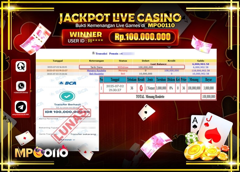 MPO0110 JACKPOT LIVE GAMES ROULETTE Rp.100.000.000.,- LUNAS