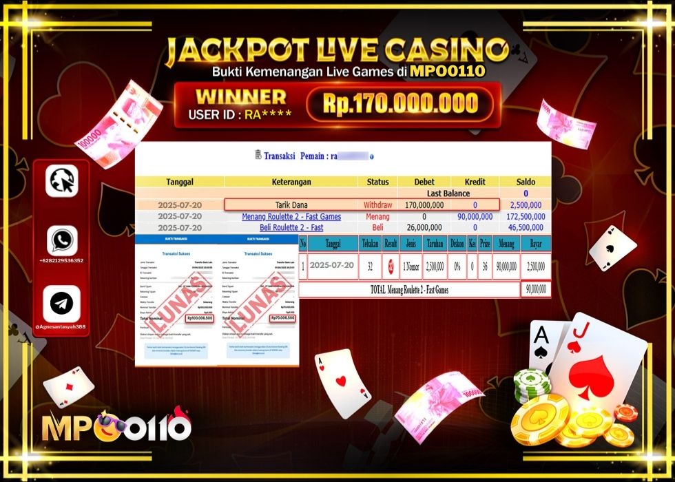 MPO0110 JACKPOT LIVE GAMES ROULETTE 2 -FAST GAMES Rp.170.000.000.,- LUNAS