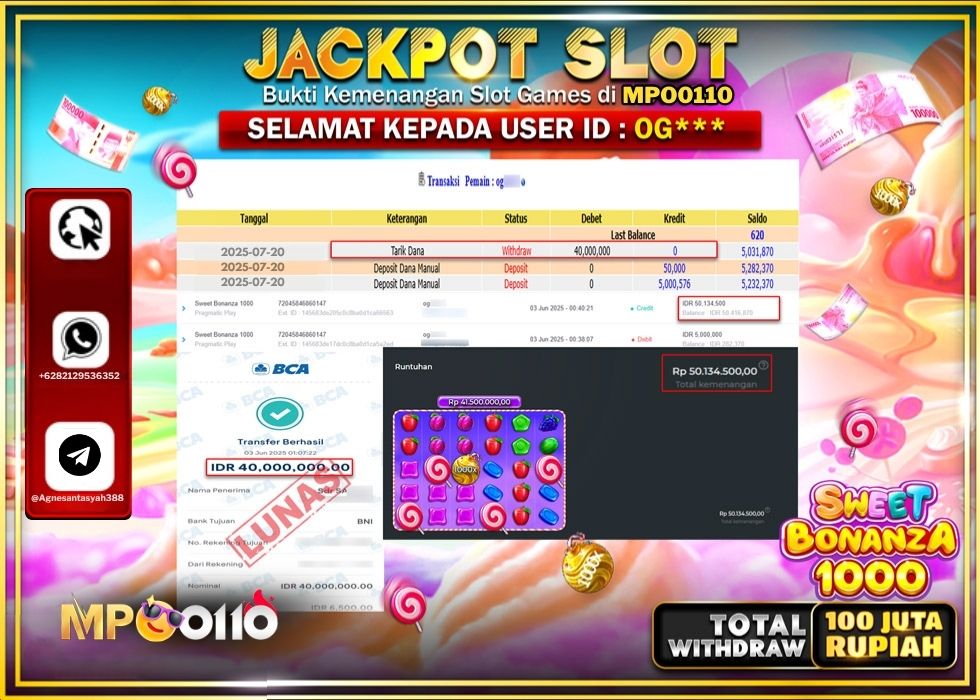 MPO0110 JACKPOT SLOT SWEET BONANZA 1000 Rp.40.000.000.,- LUNAS