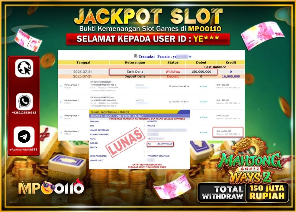 MPO0110 JACKPOT SLOT MAHJONG WAYS 2 Rp.150.000.000.,- LUNAS