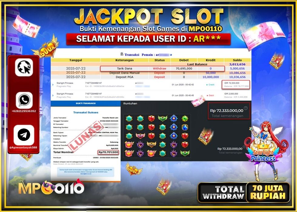 MPO0110 JACKPOT SLOT STARLIGHT PRINCESS Rp.70.695.000.,- LUNAS