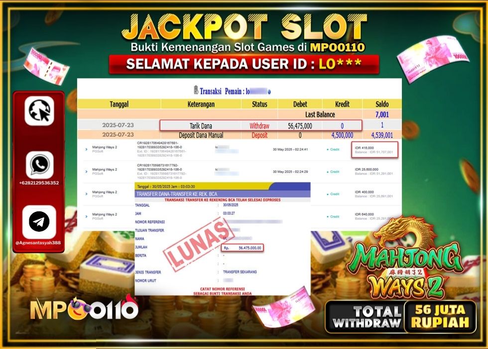 MPO0110 JACKPOT SLOT MAHJONG WAYS 2 Rp.56.475.000.,- LUNAS