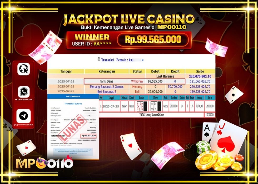 MPO0110 JACKPOT LIVE GAMES BACCARAT 2 GAME Rp.99.565.000.,- LUNAS