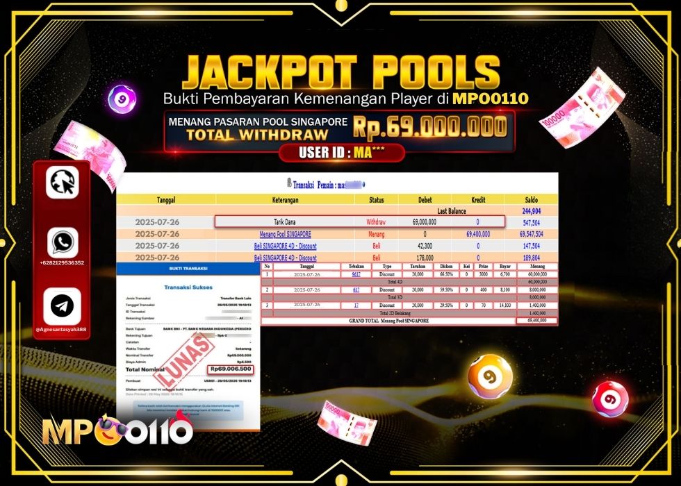 MPO0110 JACKPOT TOGEL PASARAN POOL SINGAPORE Rp.69.000.000.,- LUNAS