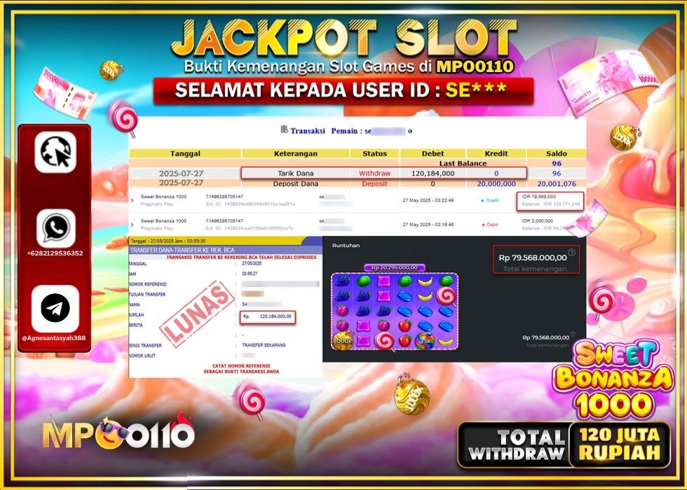 MPO0110 JACKPOT SLOT PRAMATIC BONANZA 1000 Rp.120.184.000.,- LUNAS