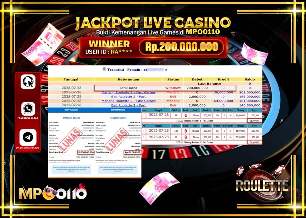MPO0110 JACKPOT LIVE GAMES ROULETTE Rp.200.000.000.,- LUNAS