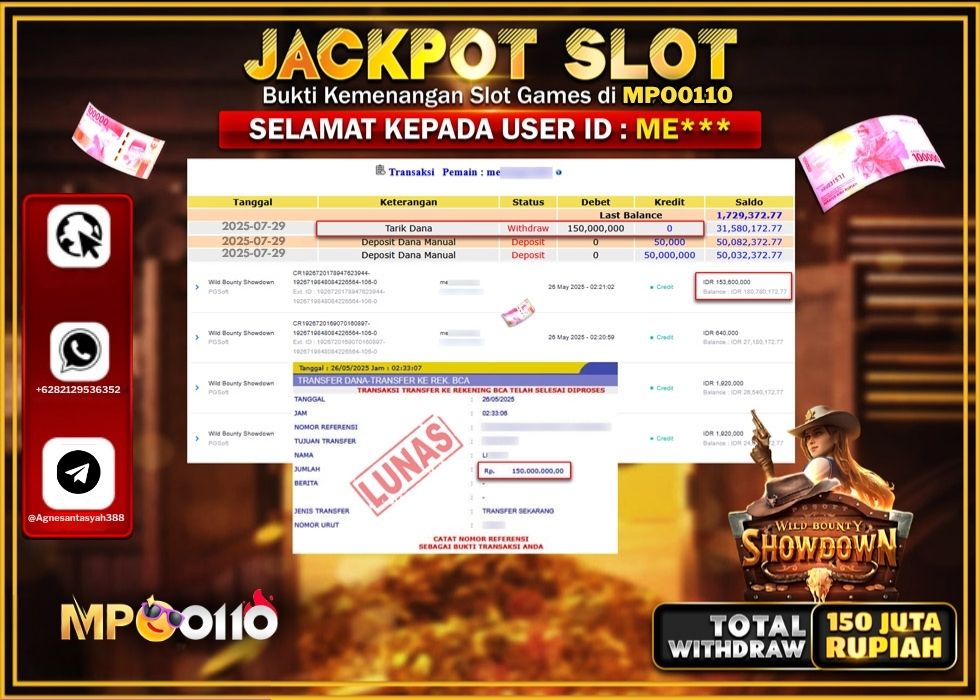 MPO0110 JACKPOT SLOT WILD BOUNTY SHOWDOWN Rp.150.000.000.,- LUNAS