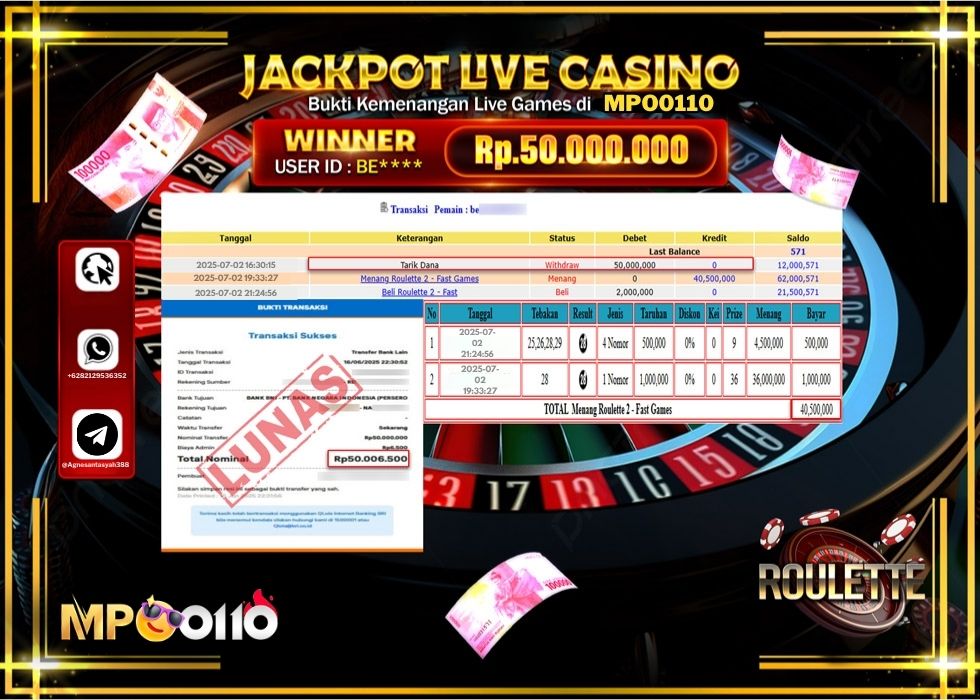 MPO0110 JACKPOT LIVE GAMES ROULETE 2 - FAST GAMES Rp.50.000.000.,- LUNAS