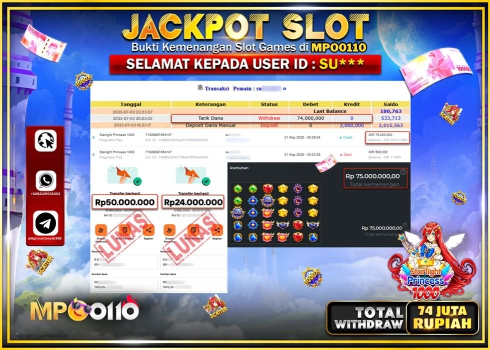 MPO0110 JACKPOT SLOT STARLIGHT PRINCESS 1000 Rp.74.000.000.,- LUNAS
