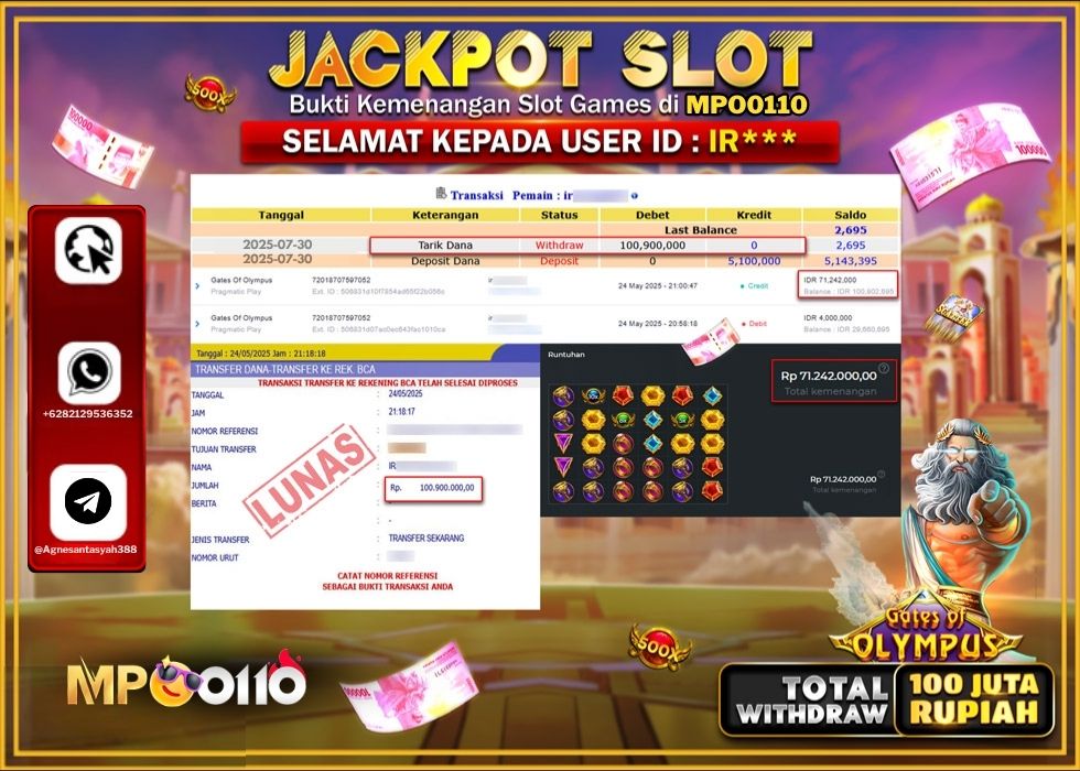MPO0110 JACKPOT SLOT GATES OF OLYMPUS Rp.100.900.000.,- LUNAS