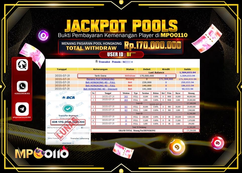 MPO0110 JACKPOT TOGEL PASARAN POOL HONGKONG Rp.170.000.000.,- LUNAS