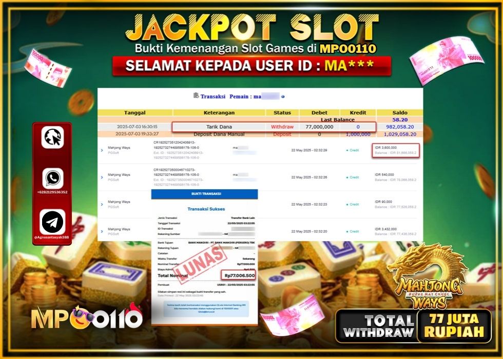 MPO0110 JACKPOT SLOT MAHJONG WAYS Rp.77.000.000.,- LUNAS