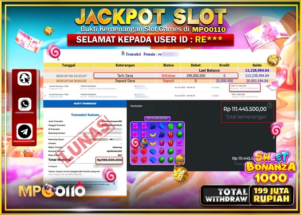 MPO0110 JACKPOT SLOT SWEET BONANZA 1000 Rp.199.000.000.,- LUNAS