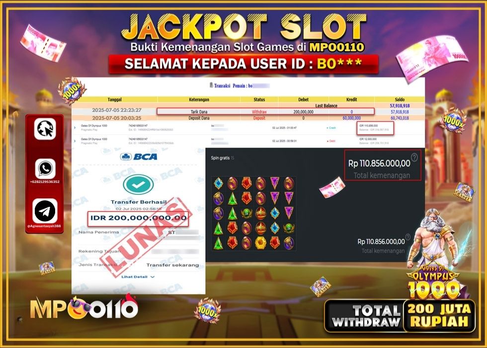 MPO0110 JACKPOT SLOT GATES OF OLYMPUSS 1000 Rp.200.000.000.,- LUNAS