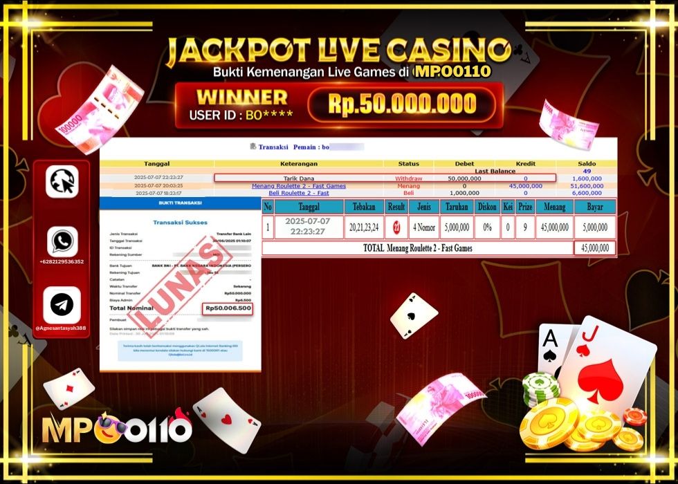MPO0110 JACKPOT LIVE GAMES ROULETTE 2 - FAST GAMES Rp.50.000.000.,- LUNAS