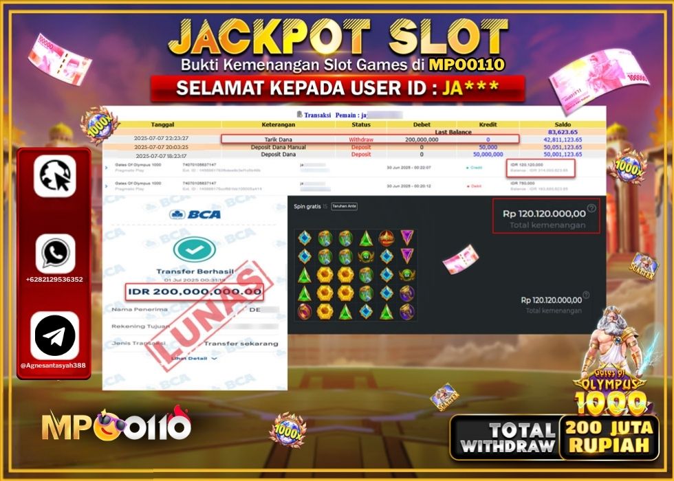 MPO0110 JACKPOT SLOT GATES OF OLYMPUSS 1000 Rp.200.000.000.,- LUNAS