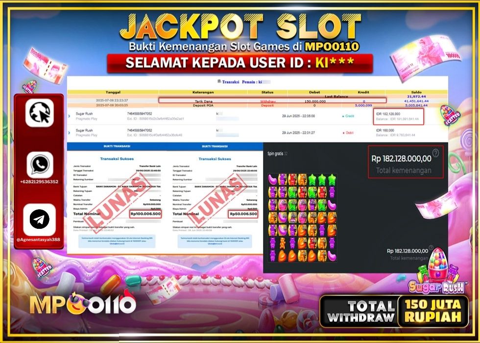 MPO0110 JACKPOT SLOT SUGAR RUSH Rp.150.000.000.,- LUNAS