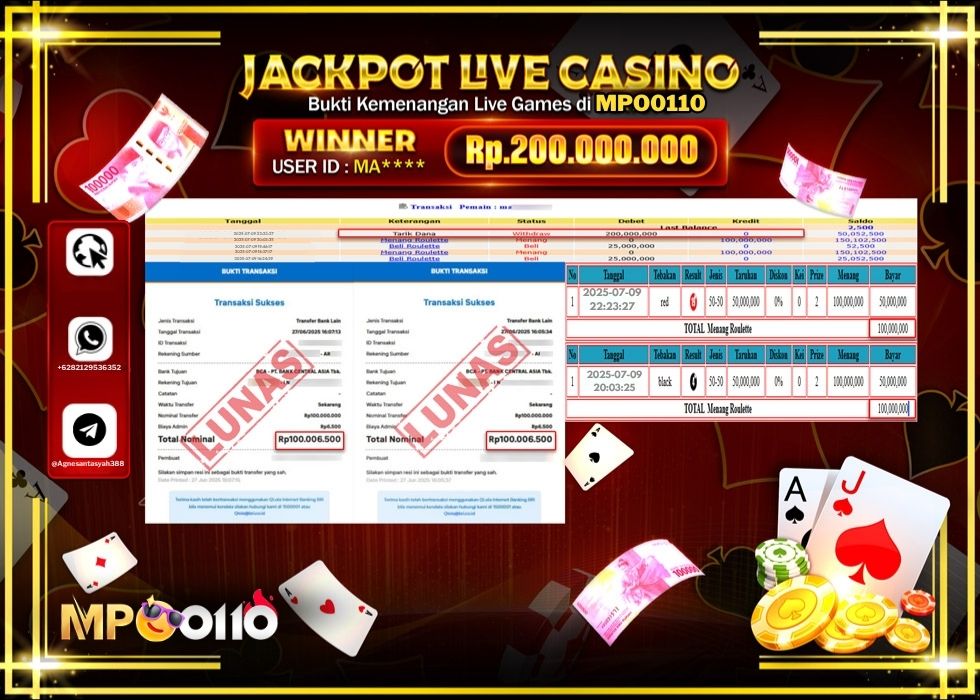 MPO0110 JACKPOT LIVE GAMES ROULETTE GAMES Rp.200.000.000.,- LUNAS